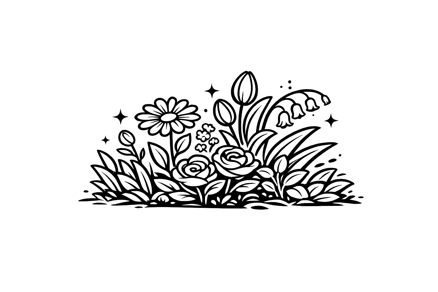 Black and white line drawing of a flower garden with daisies, tulips, snowdrops, roses, and various leaves and small flowers.