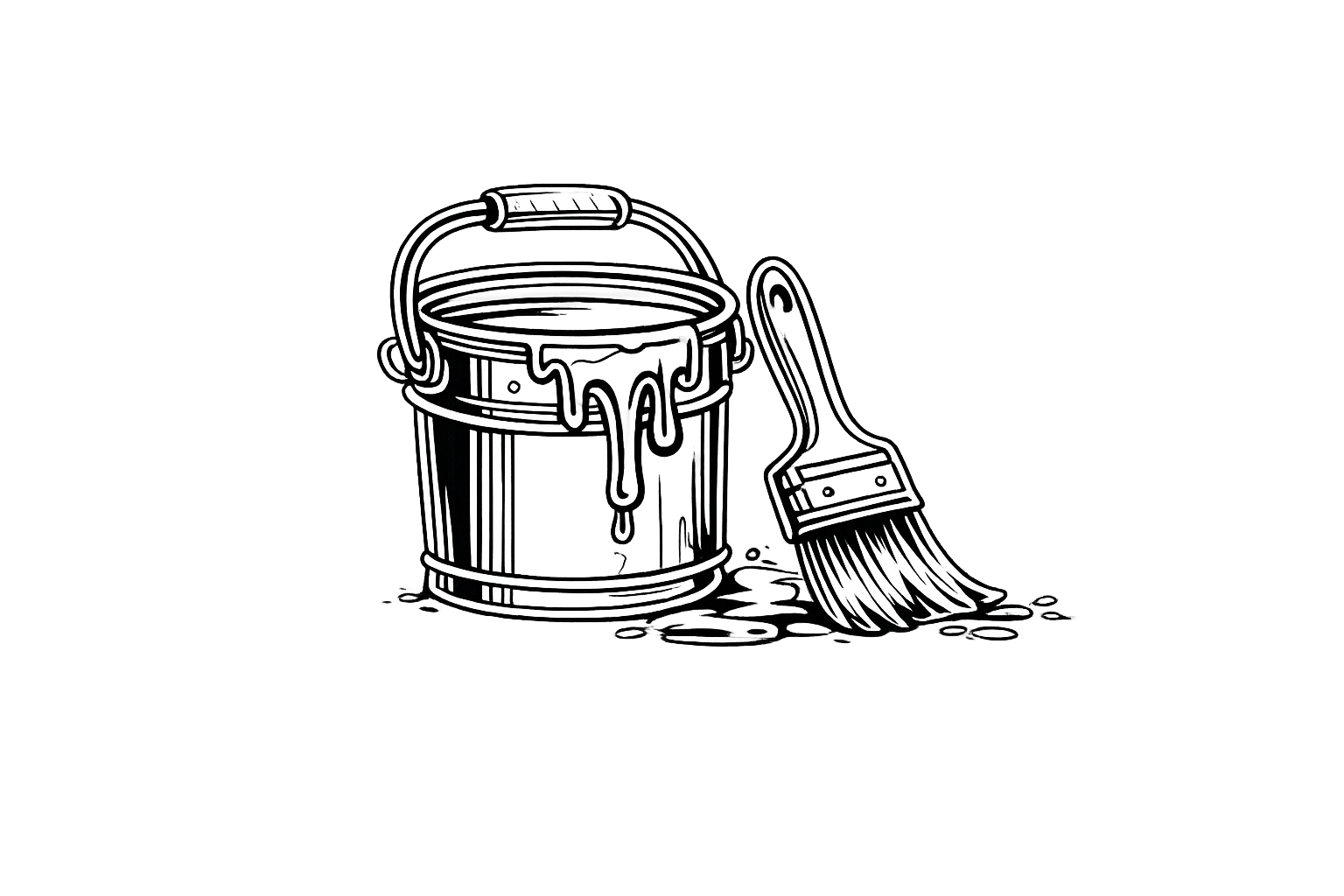 Black and white digital illustration of a paint bucket with dripping paint next to a paintbrush with spilled paint on a dark background.