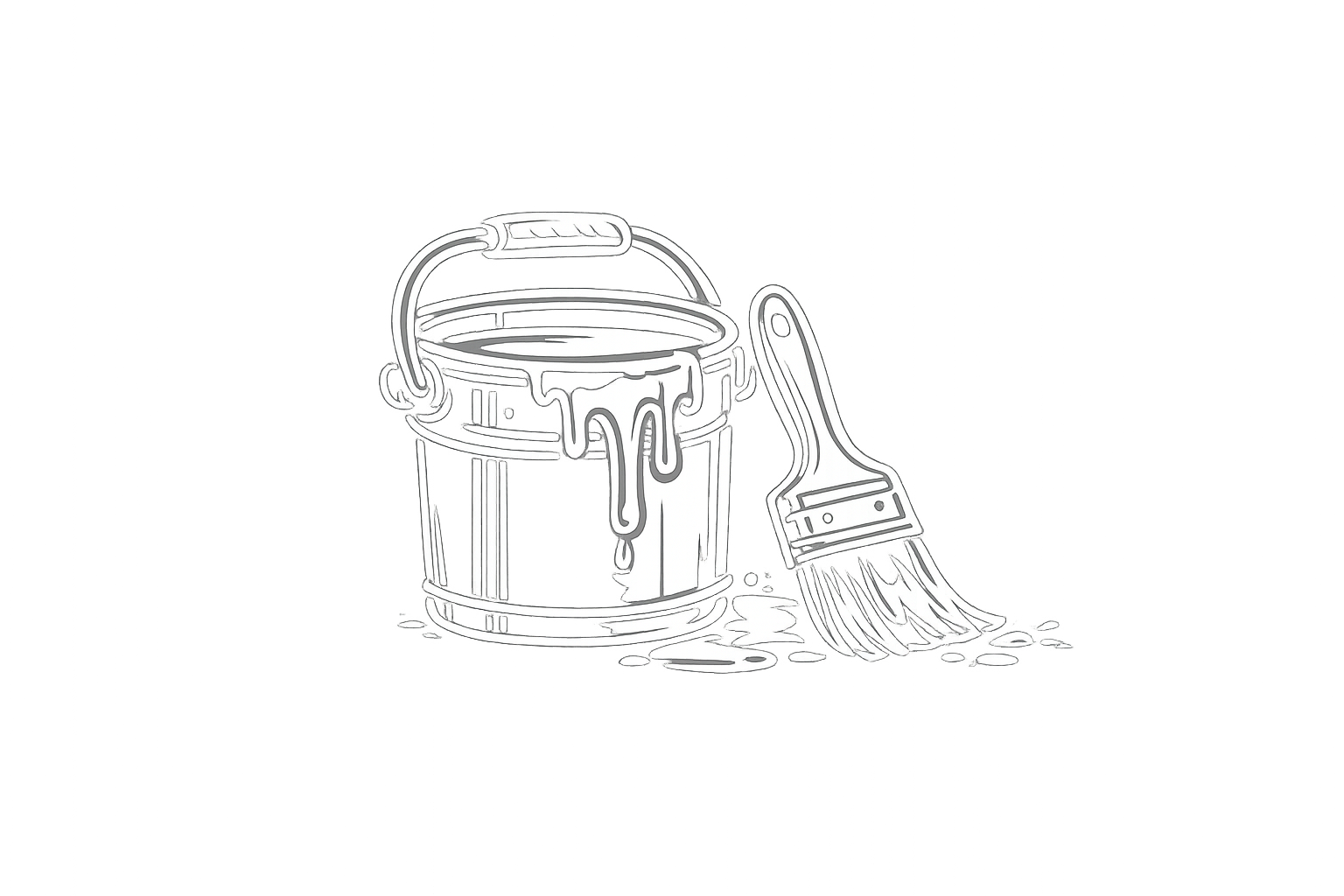 A paint can with paint dripping over the sides, a paintbrush resting against the can with paint on the bristles, and some spilled paint on the surface.