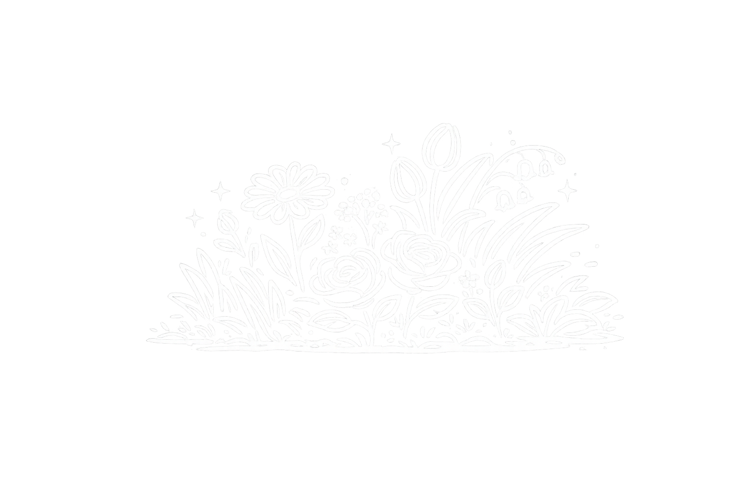 White floral outline illustration on a black background, featuring various flowers and leaves.