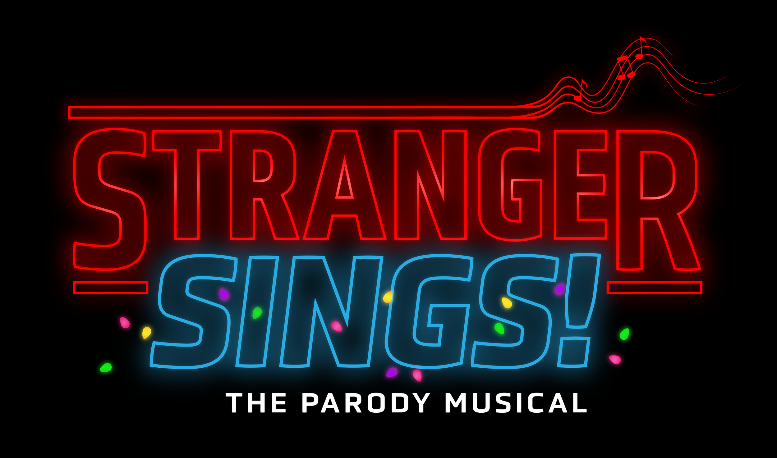 Neon sign with the words 'Stranger Sing' and musical notes, along with confetti and the text 'The Parody Musical' underneath.