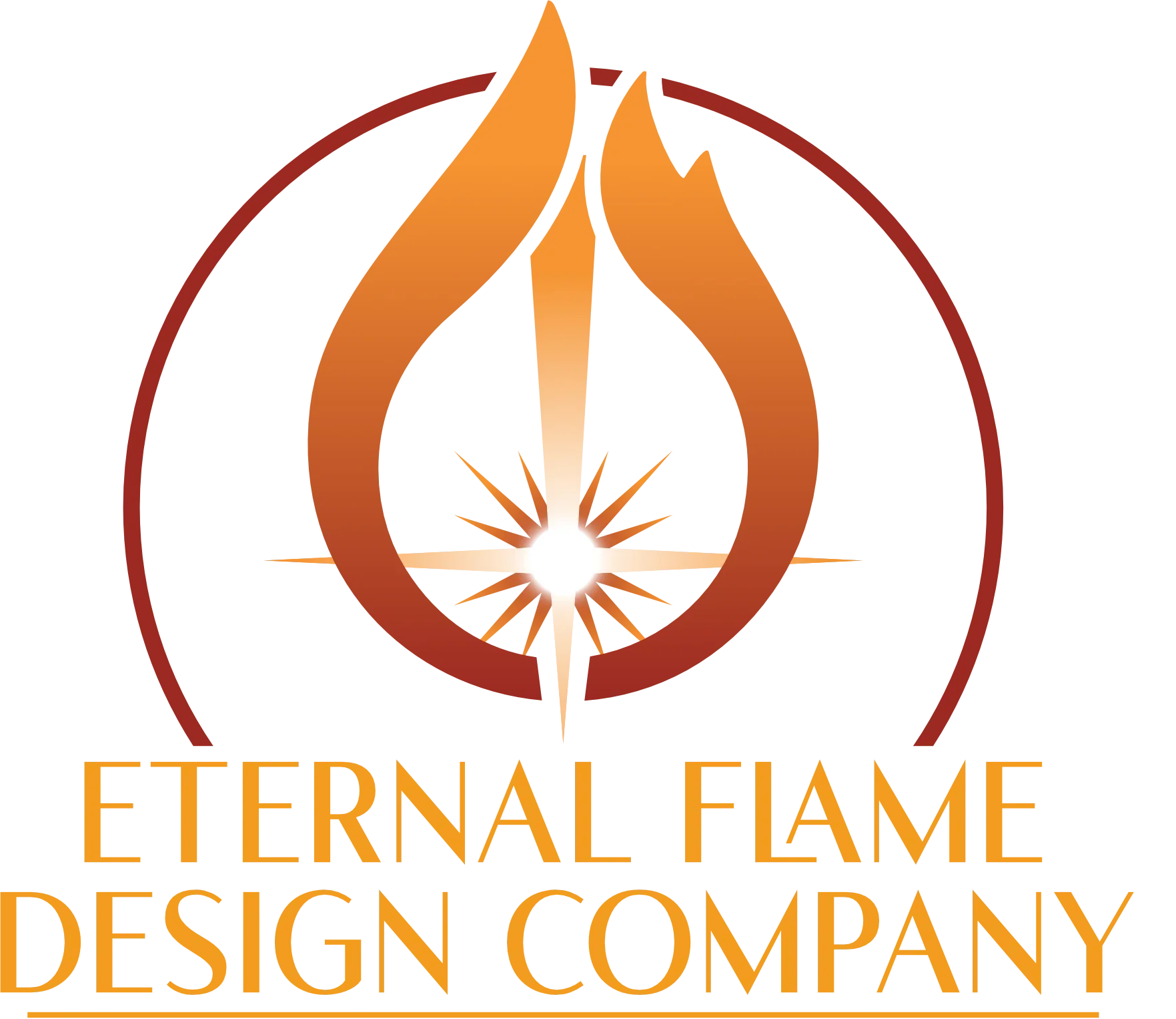 Logo of ETERNAL FLAME DESIGN COMPANY LLC featuring a stylized flame with a white bright center and orange outer edges, encircled by a red halo, with the company name written below in orange text.