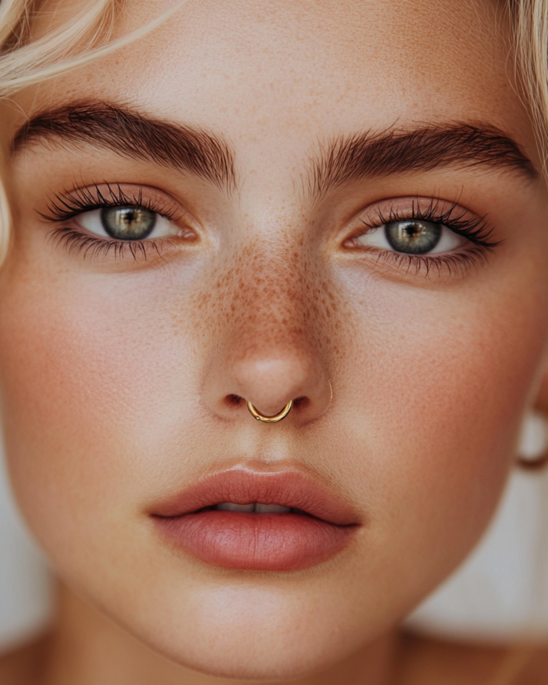 Close-up of a young woman's face with blue eyes, light makeup, freckles, and a septum piercing.