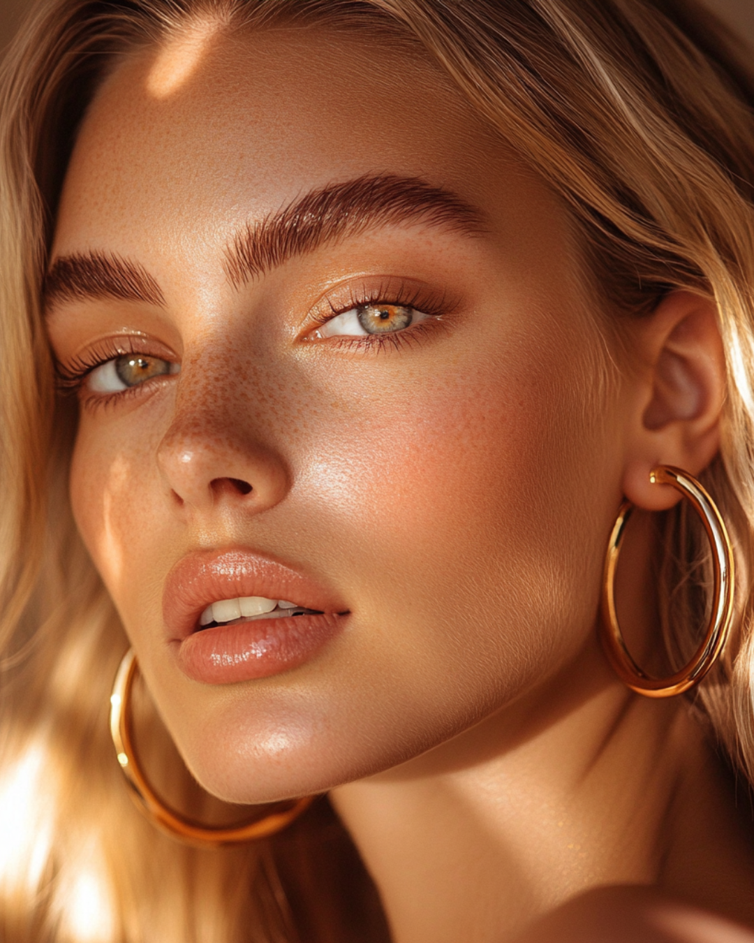 Close-up of a woman's face with natural makeup, gold hoop earrings, and wavy blonde hair.