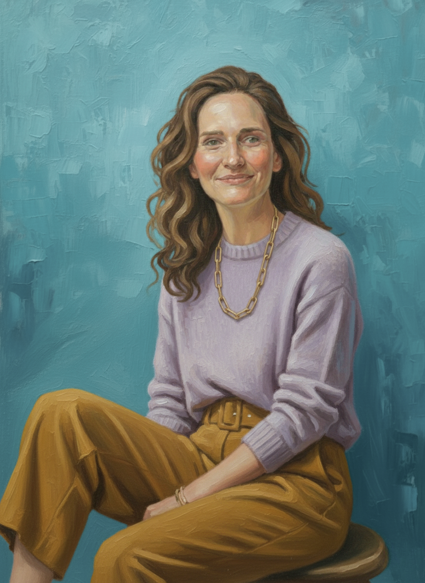 A woman with wavy brown hair, wearing a lavender sweater, mustard pants, and a gold chain necklace, sitting against a teal background.