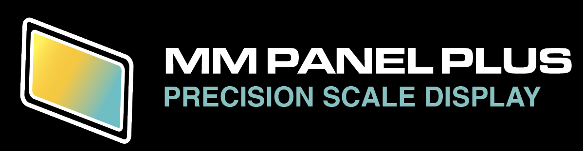 Logo for MM Panel Plus Precision Scale Display, featuring a stylized monitor or screen icon with a gradient yellow to light blue color and black and white outlines.