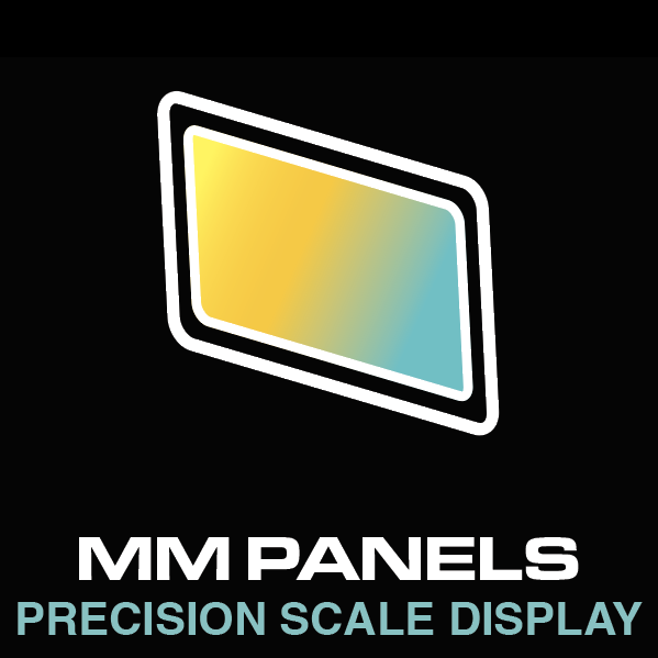 Digital display panel with gradient colors, labeled 'MM Panels' and 'Precision Scale Display' on a black background.