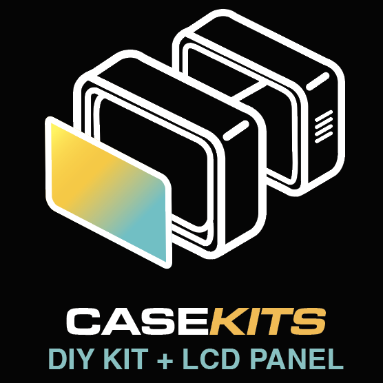 Graphic illustration of three LCD panels, with the front panel displaying a color gradient. Text reading "CASE KITS DIY KIT + LCD PANEL" below.