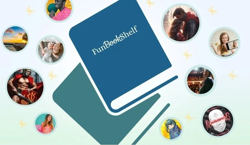 Illustration of a blue bookshelf labeled 'FunBookshelf' surrounded by circular images of people, nature, and pop culture.