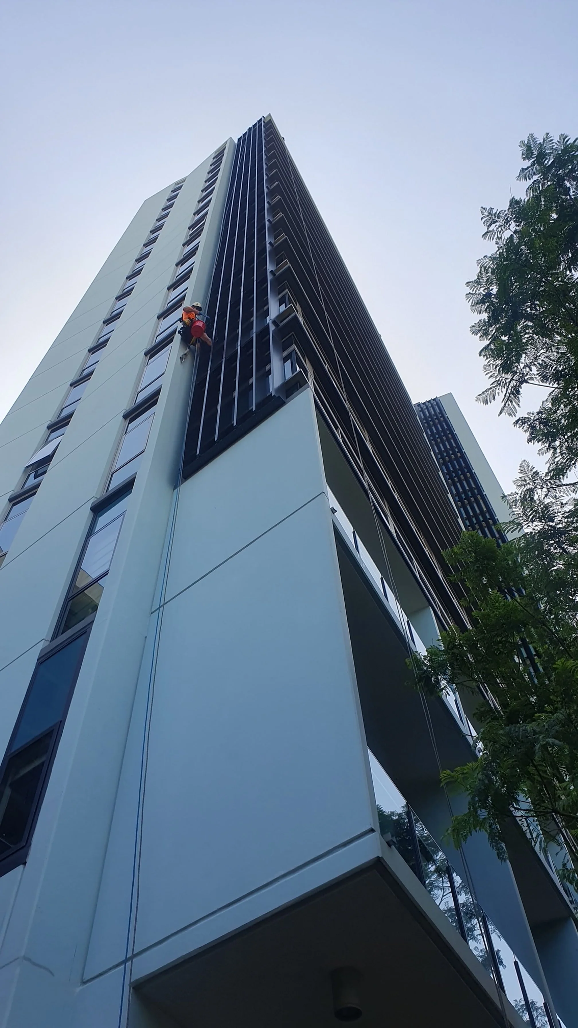 A person cleaning windows on a tall multi-story modern building using a harness and bucket.