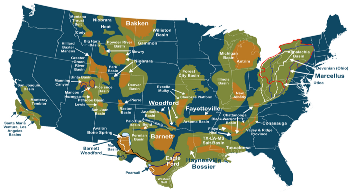 A map of the United States highlighting various geological basins and regions across the country.