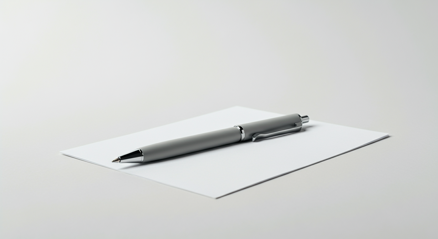 A silver ballpoint pen resting on a blank white sheet of paper on a plain white surface.