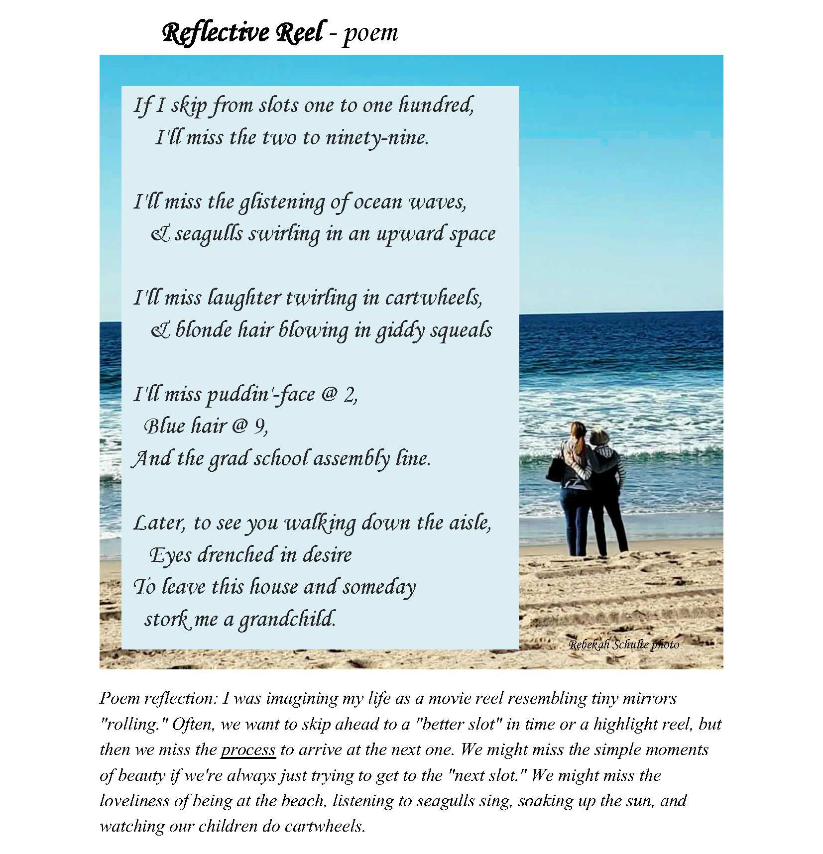 A poem titled "Reflective Reel" overlaying a beach scene with two people standing on the sand near the ocean, with only their backs visible, looking out at the waves. The poem is written in black cursive font on a light blue background.