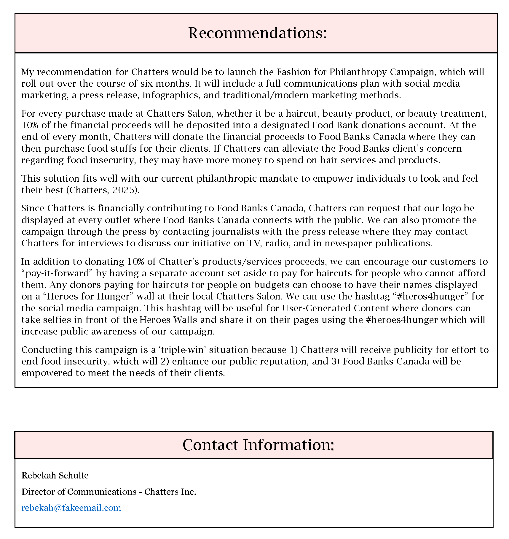 A document with recommendations for a campaign called 'Fashion for Philanthropy' and contact information for Rebekah Schulte, Director of Communications at Chatters Inc.