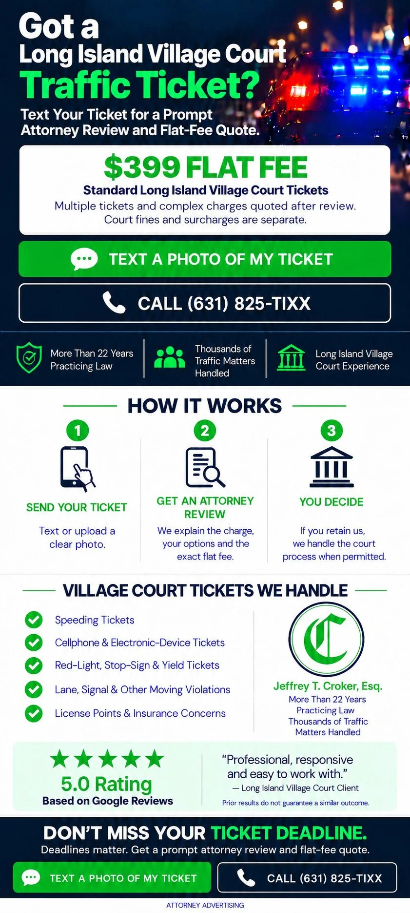 Long Island village court traffic ticket attorney Jeffrey T. Croker, Esq. – $399 flat fee for eligible standard village court matters