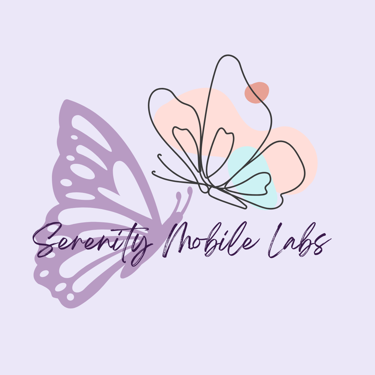 A logo featuring a stylized butterfly with one wing in lavender and the other in black outline, background pastel shapes, and the text 'Serenity Mobile Labs' in cursive purple font.