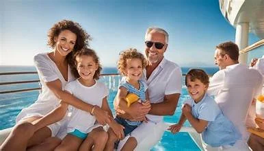 Family of six enjoying time on a boat, smiling and sitting by the railing against a clear blue sky.