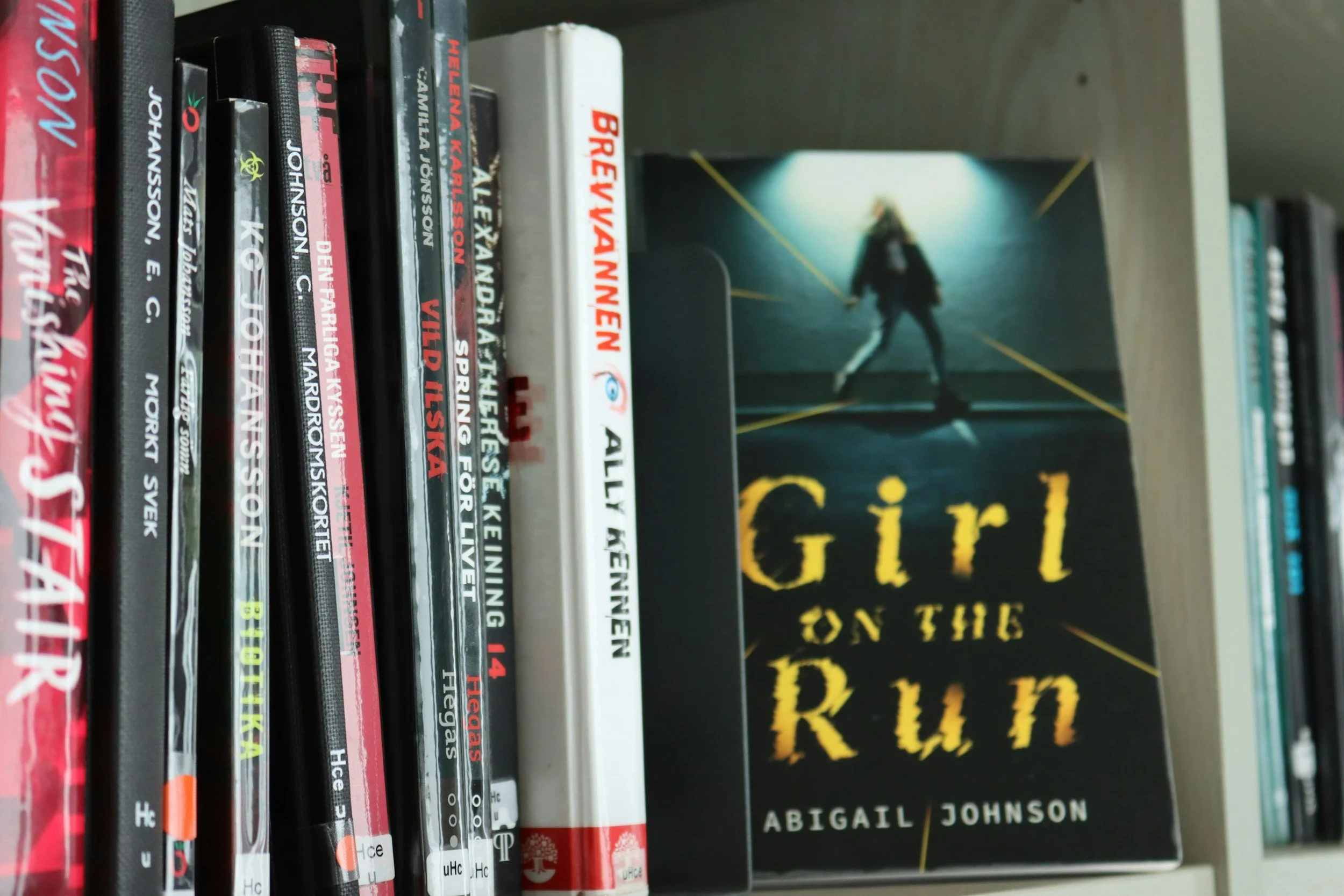 Bookshelf with various books, including 'Girl on the Train' and 'The Heart Goes Last'. A small, blurry figure appears in the background.