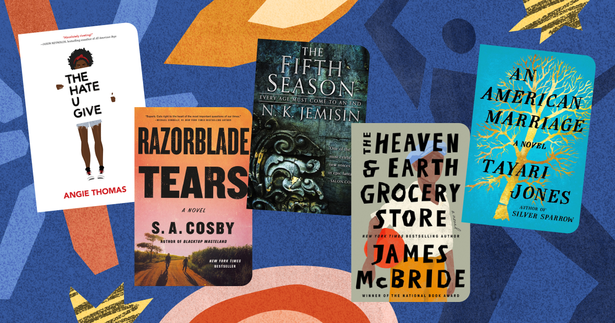 Collection of six different book covers spread on a colorful abstract background.