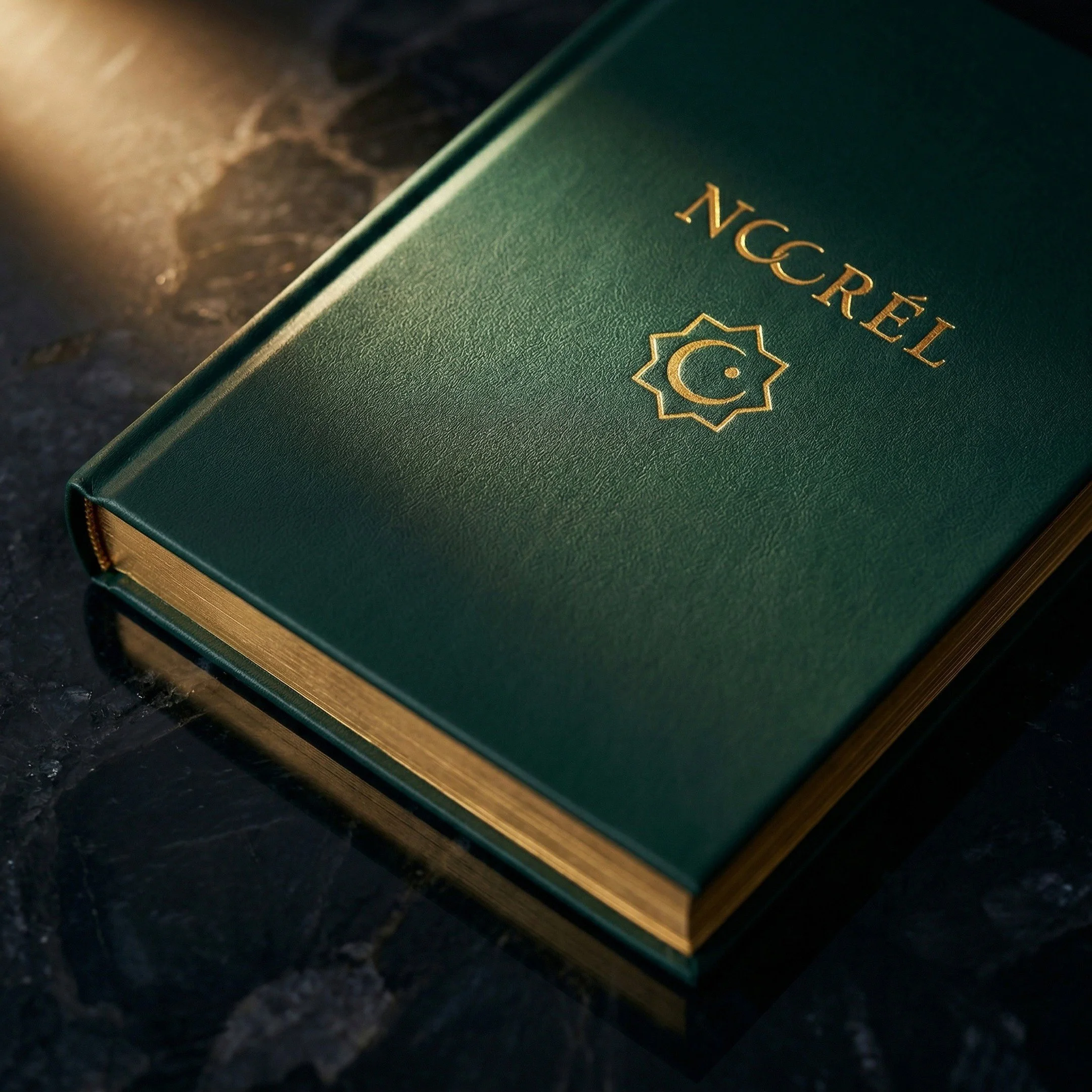 A green hardcover book titled 'Noorél' with gold text and emblem, resting on a dark marble surface.