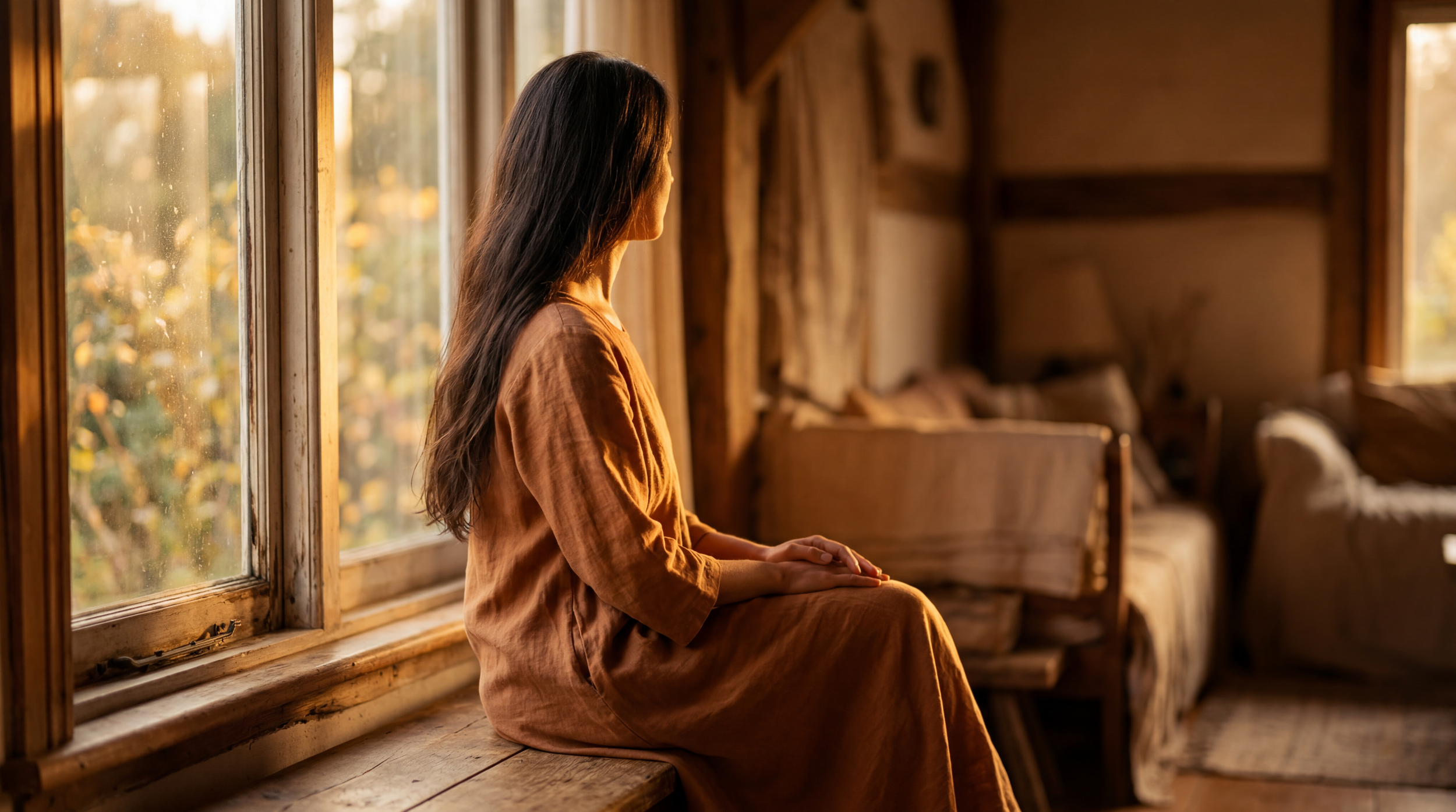 A woman with long brown hair sits peacefully on a wooden bench by a window, gazing outside as the warm sunlight filters into a rustic, cozy living room.