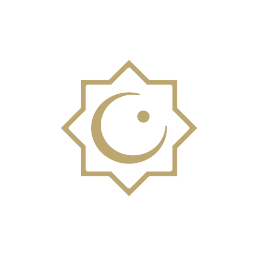 A gold crescent moon and a small circle inside a geometric star-shaped outline on a black background.