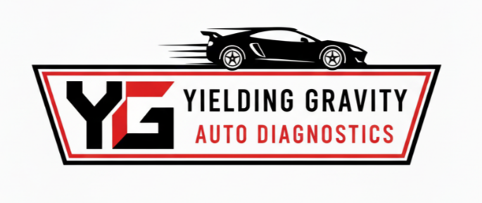 Logo for Yielding Gravity Auto Diagnostics featuring a black silhouette of a sports car above the company name.