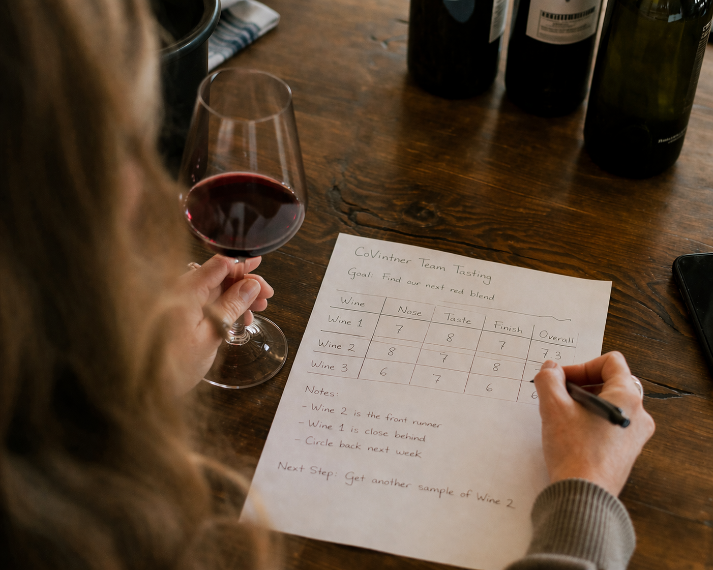 Description: A participant’s workspace during a session: clear glasses and a printed sheet for building and submitting blend combinations.