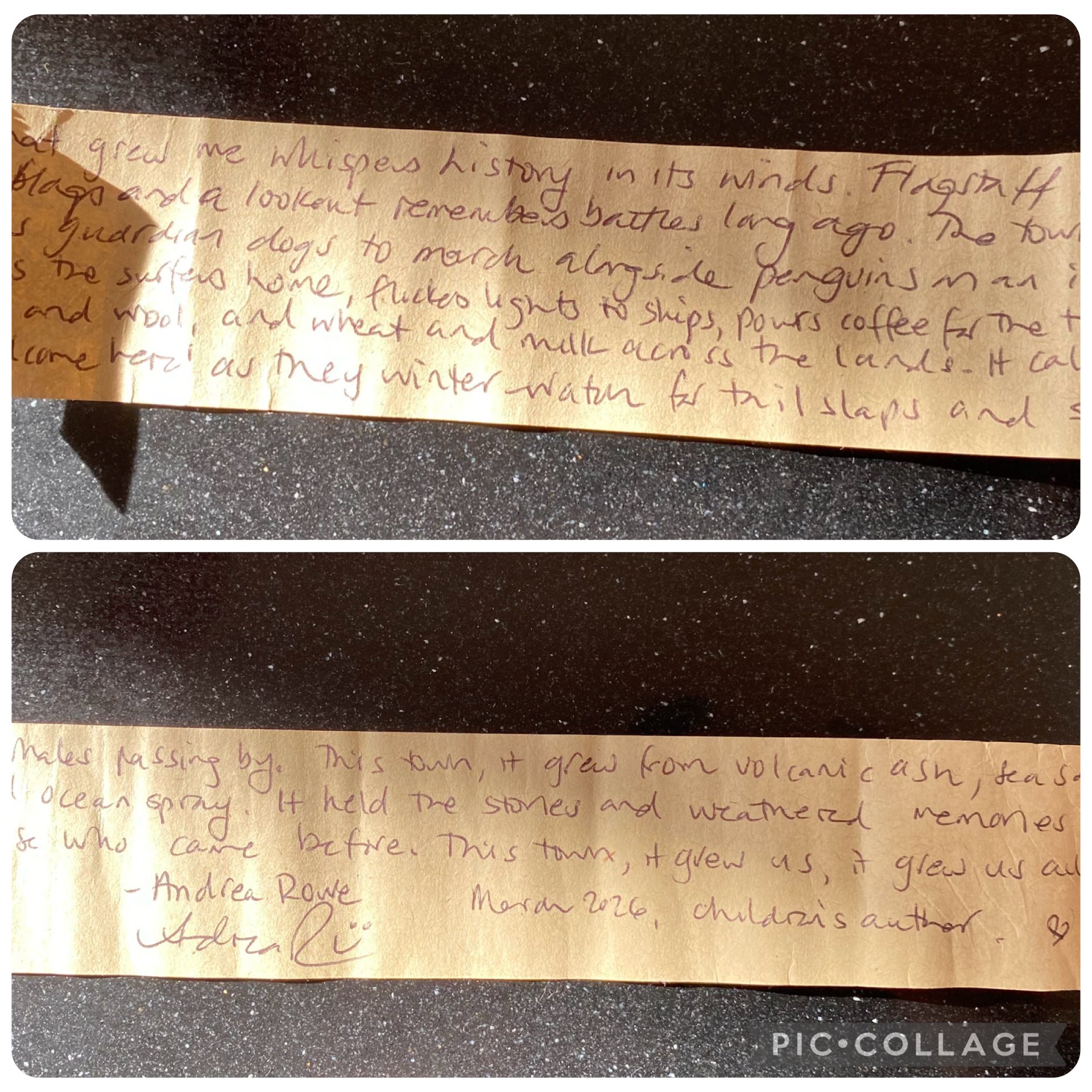  Scroll 2 by Andrea Rowe  
Found by: Delise 
Location: Temperance Hall 
Comments: Was absolutely delighted to stumble across this little treasure. Andrea’s “the town that grew me” prose evoked so many iconic images and experiences of W’bool. I wasn’t