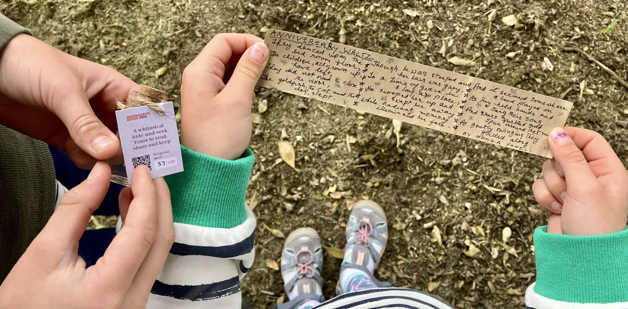  Scroll 57 by Ganga Powell  
Found by: Remy and Daisy 
Location: Kathryn Ryan Studio 
Comments: Thank you for this gorgeous whimsical idea and poem! 
Experience rating: 5 stars