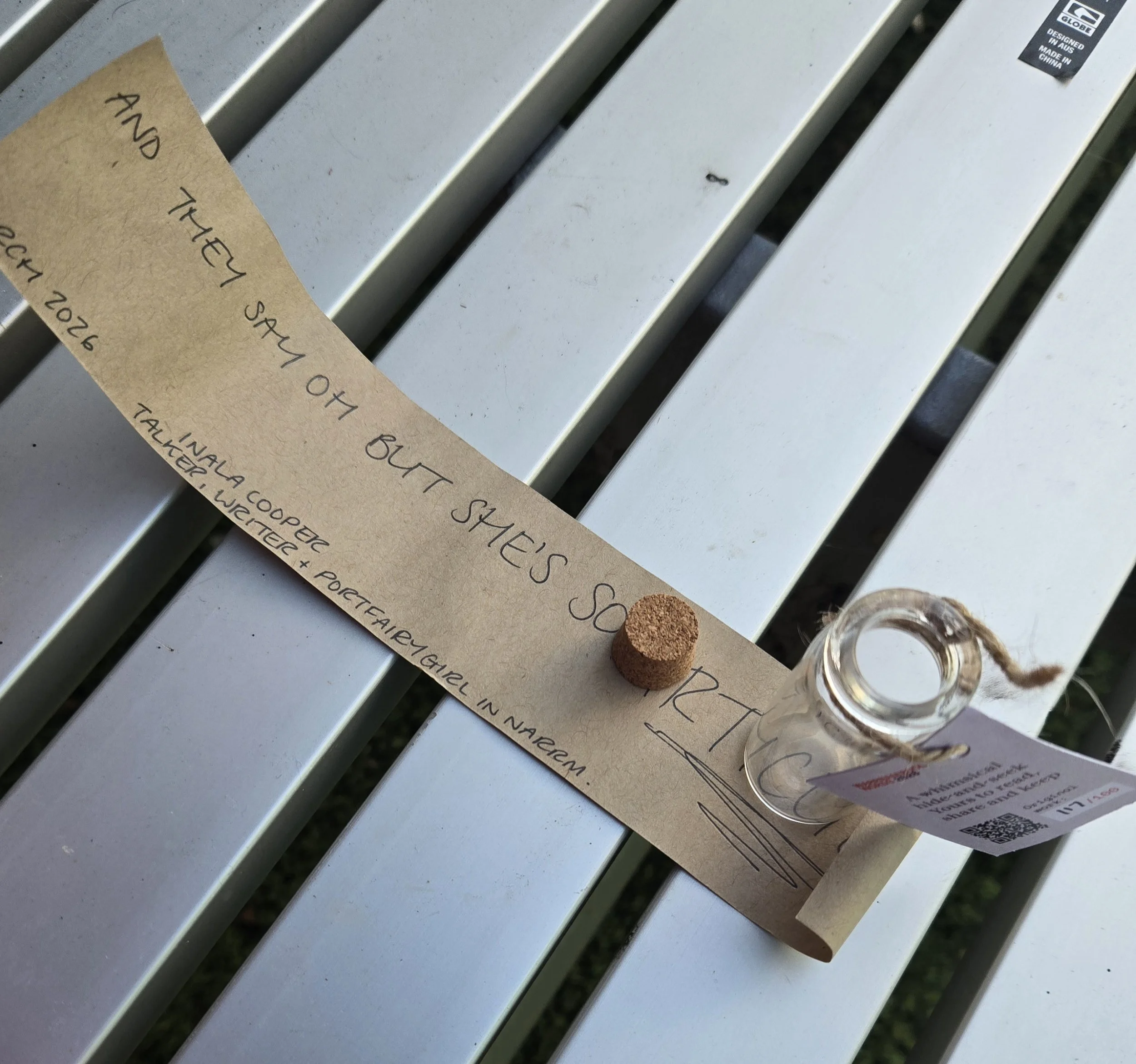  Scroll 117 by Inala Cooper  
Found by: Virginie 
Location: Shoe Repair shop 
Comments: I love the idea of this festival! Thank you 
Experience rating: 5 stars.
