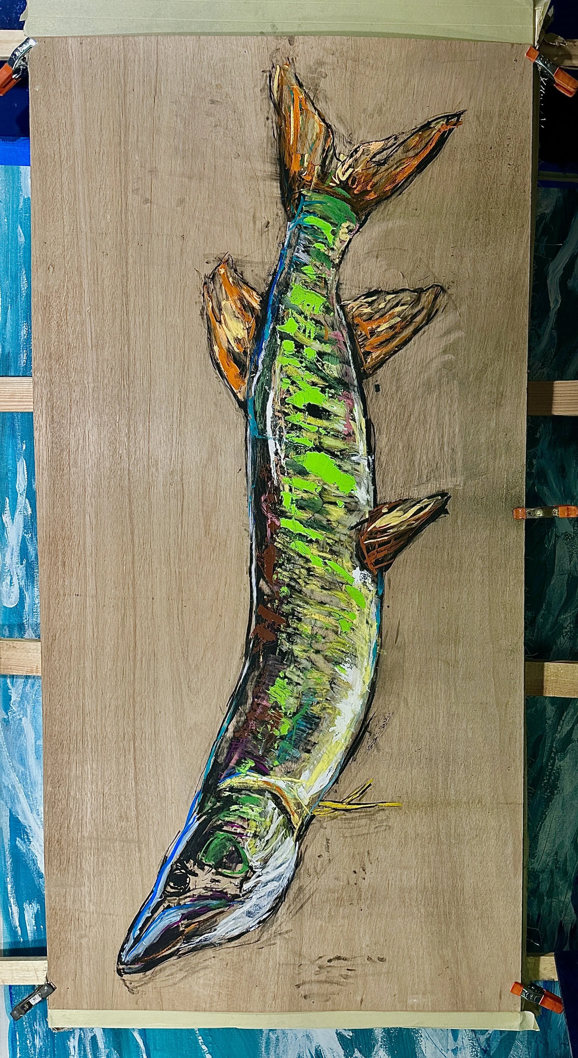 Big Fish Charcoal Acrylic On Wood 96inx40in 