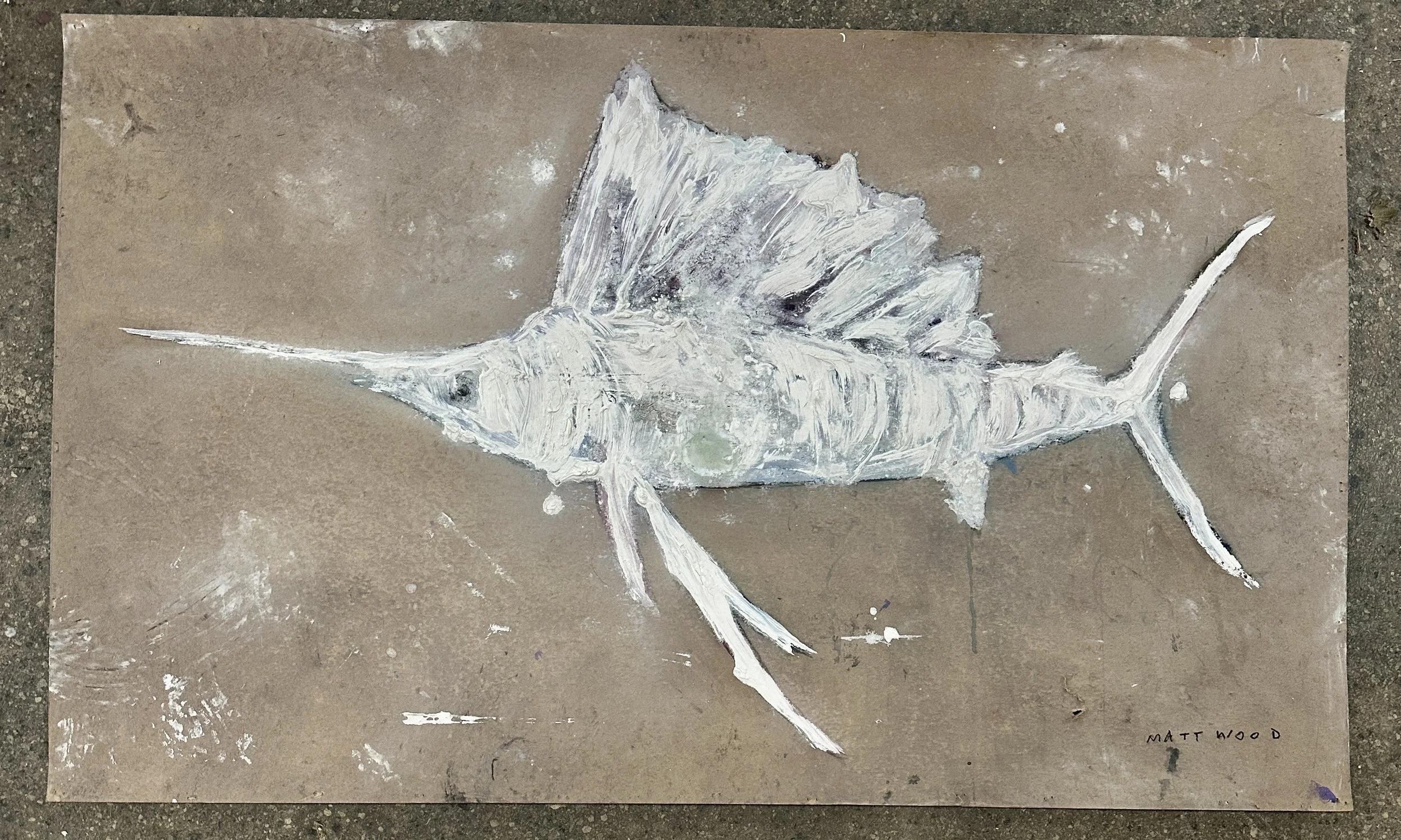 Sword Fish Plaster Acrylic On Used Jobsite Ramboard 50inx30in