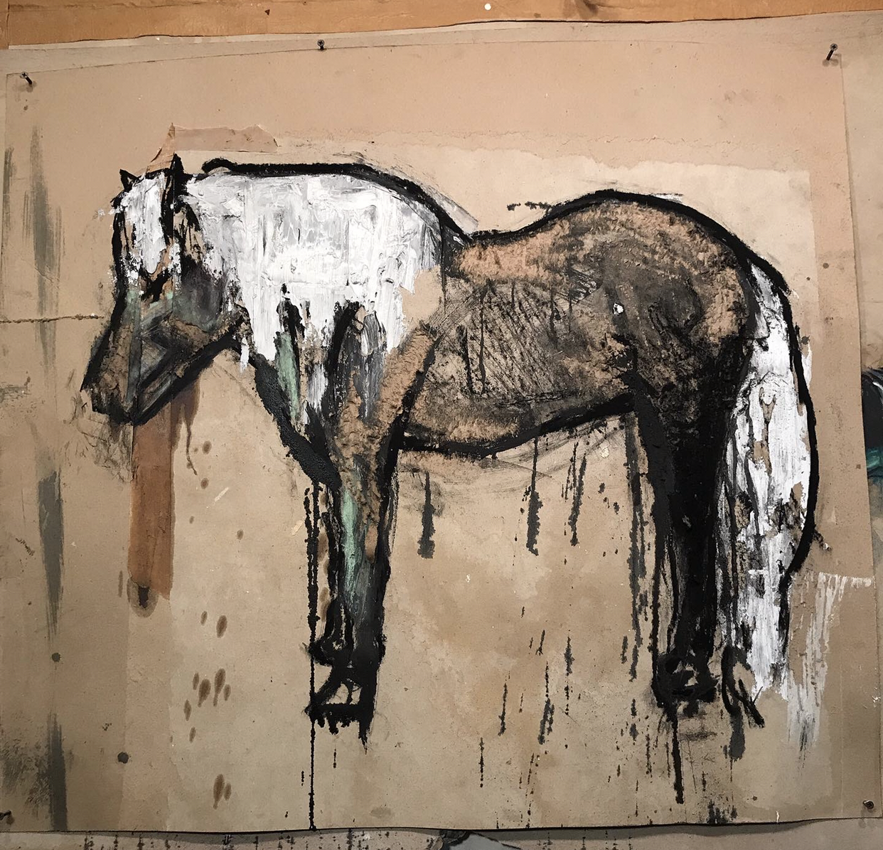 Resting Icelandic Pony Plaster Charcoal On Used Jobsite Ramboard 50inx40in
