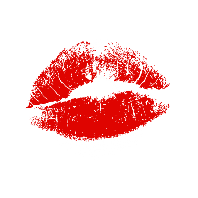 Red lipstick kiss mark on white background with black border