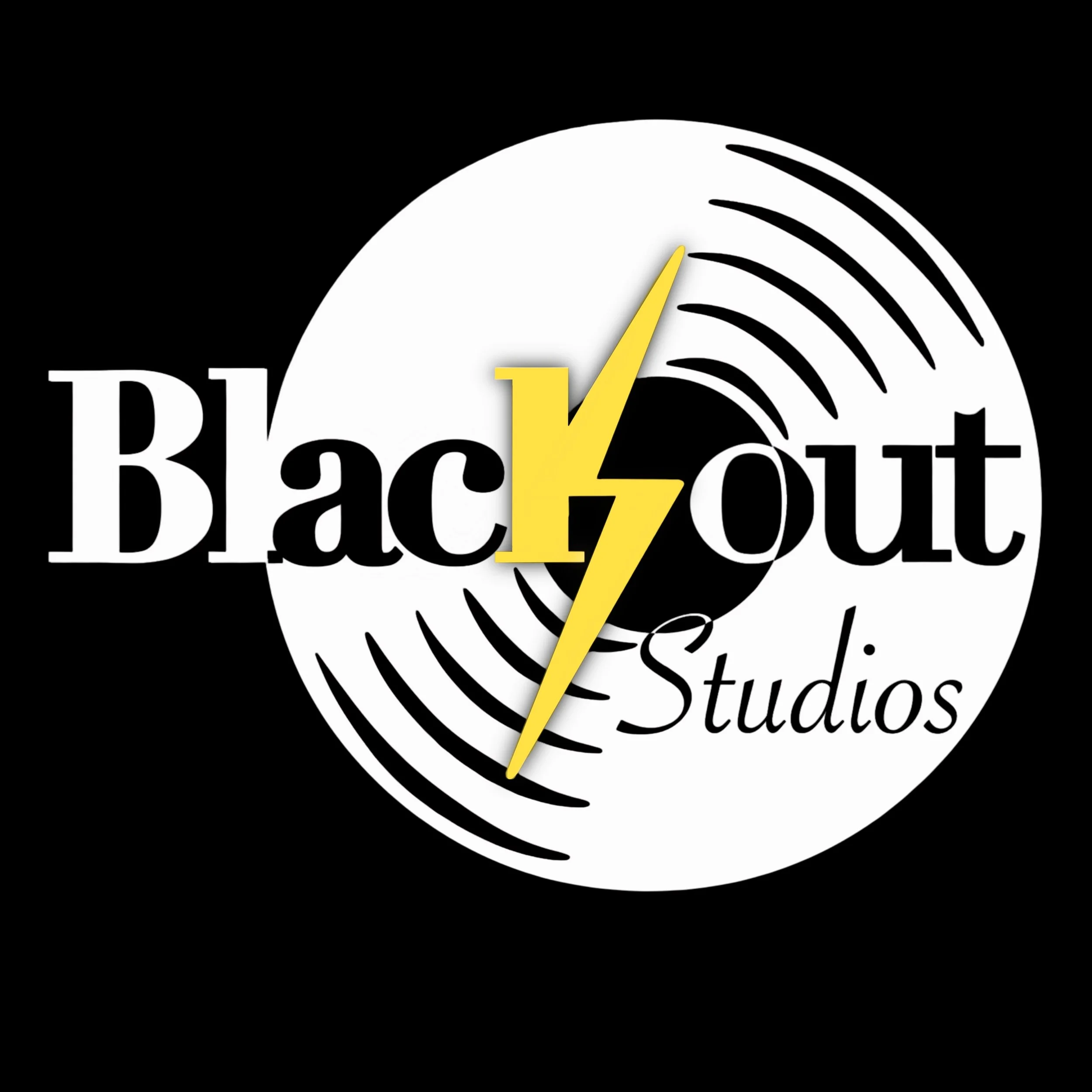 Logo for Blackout Studios featuring a black background with a white circular design and a yellow lightning bolt, with the text 'Blackout Studios'.