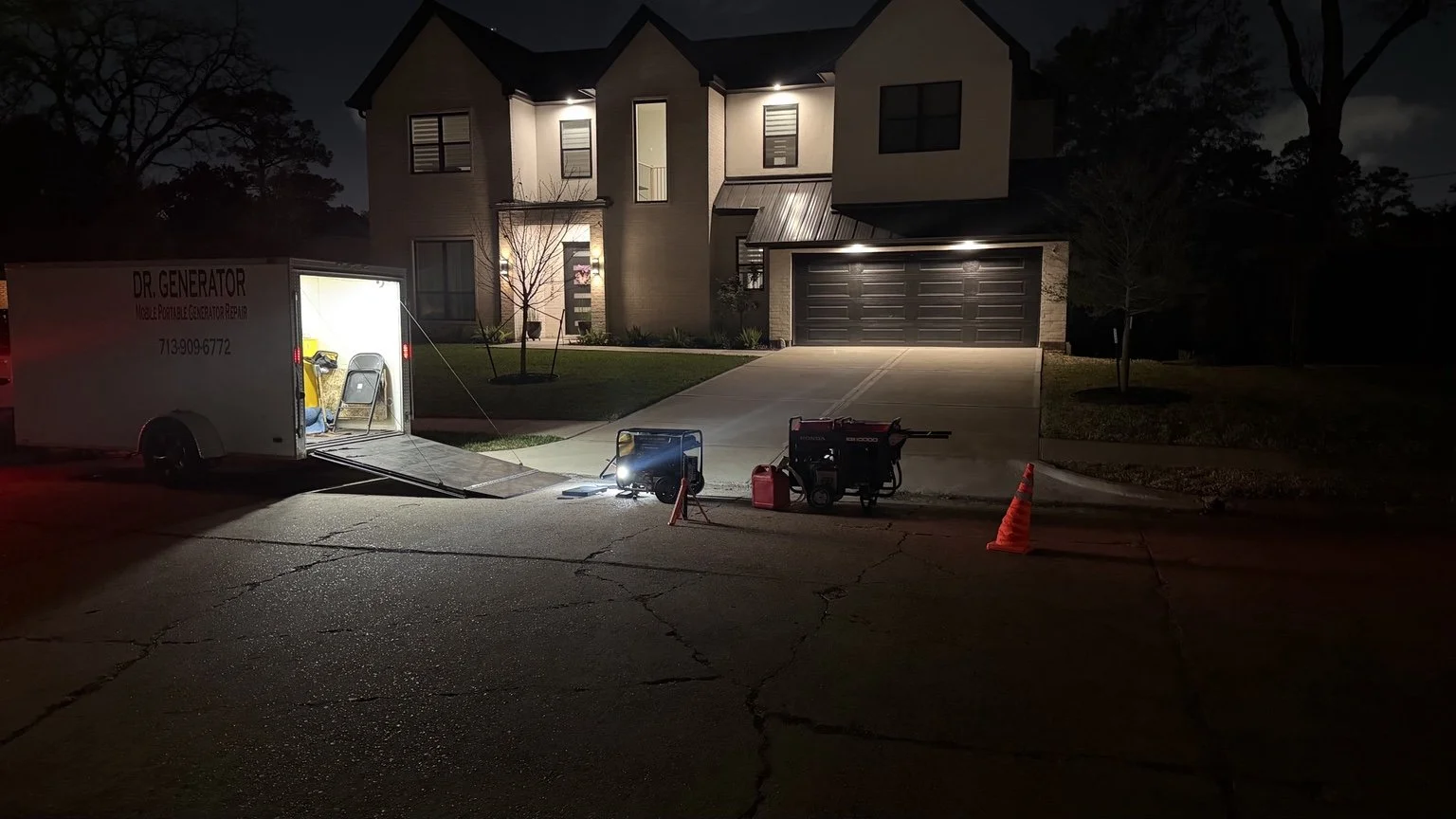 Dr. Generator performing nighttime mobile generator service at a Houston residence