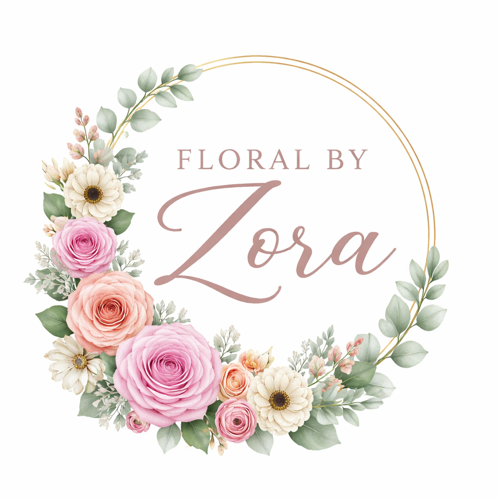 A floral wreath with pink, white, and peach roses, cream-colored daisies, and green leaves surrounds the text 'FLORAL BY Zora' in elegant fonts on a white background.