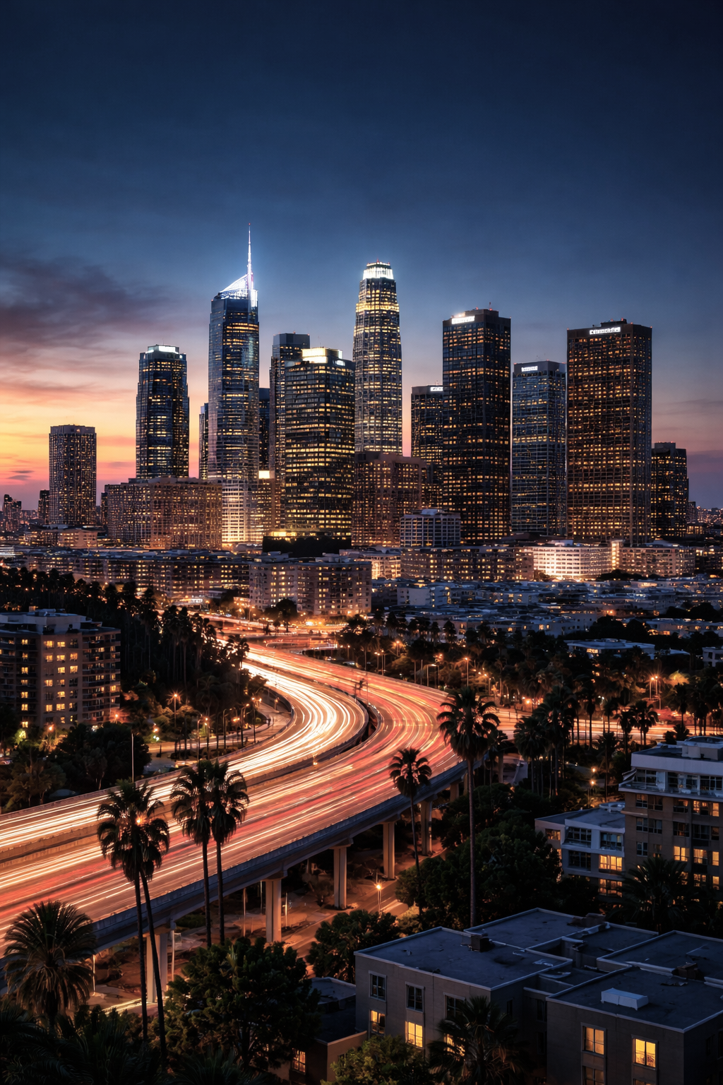 Nighttime cityscape of Los Angeles with illuminated skyscrapers and light trails on the highway.