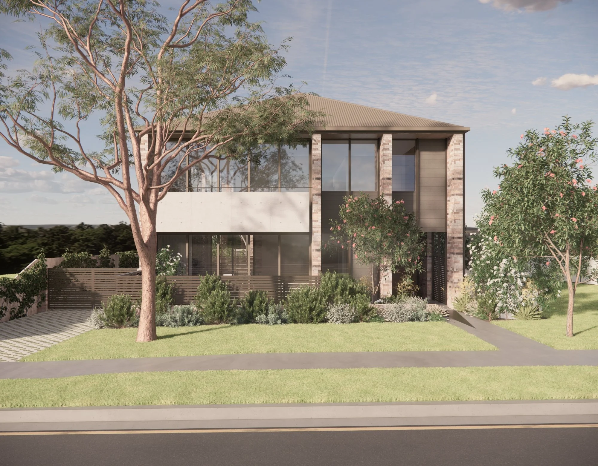 A modern house with large glass windows, brick exterior, and a sloped metal roof, set in a landscaped yard with green grass, bushes, and trees under a partly cloudy sky.