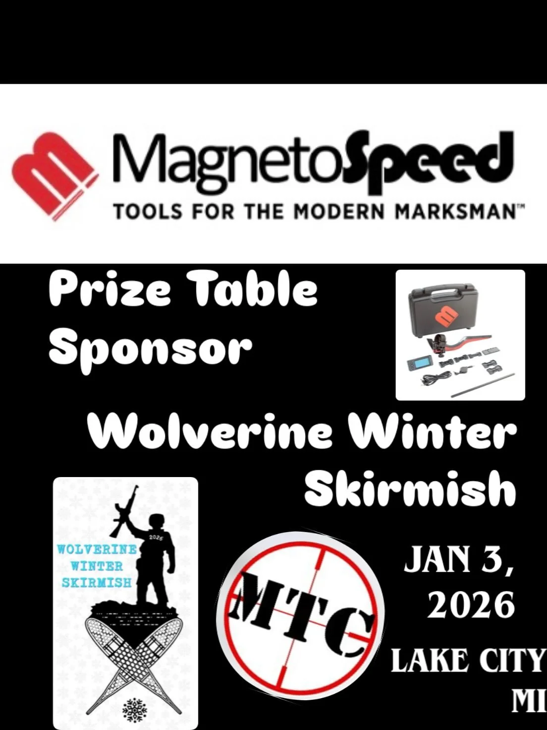Win a MagnetoSpeed chronograph at the Wolverine Winter Skirmish! Marksmanship Training Center Jan. 3, 2026. Thank you, MagnetoSpeed, for your support. @magnetospeed_official @marksmanship_training_center