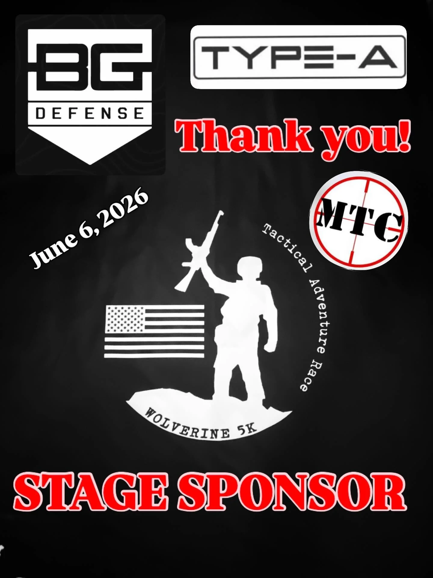 Once again BG Defense/Type-A Rifles has graciously stepped up as a Stage Sponsor for our Wolverine 5K Tactical Adventure Race! We are humbled by your generosity. Thank you! June 6, 2026 at Marksmanship Training Center. @bgdefense  @typearifleco @mark