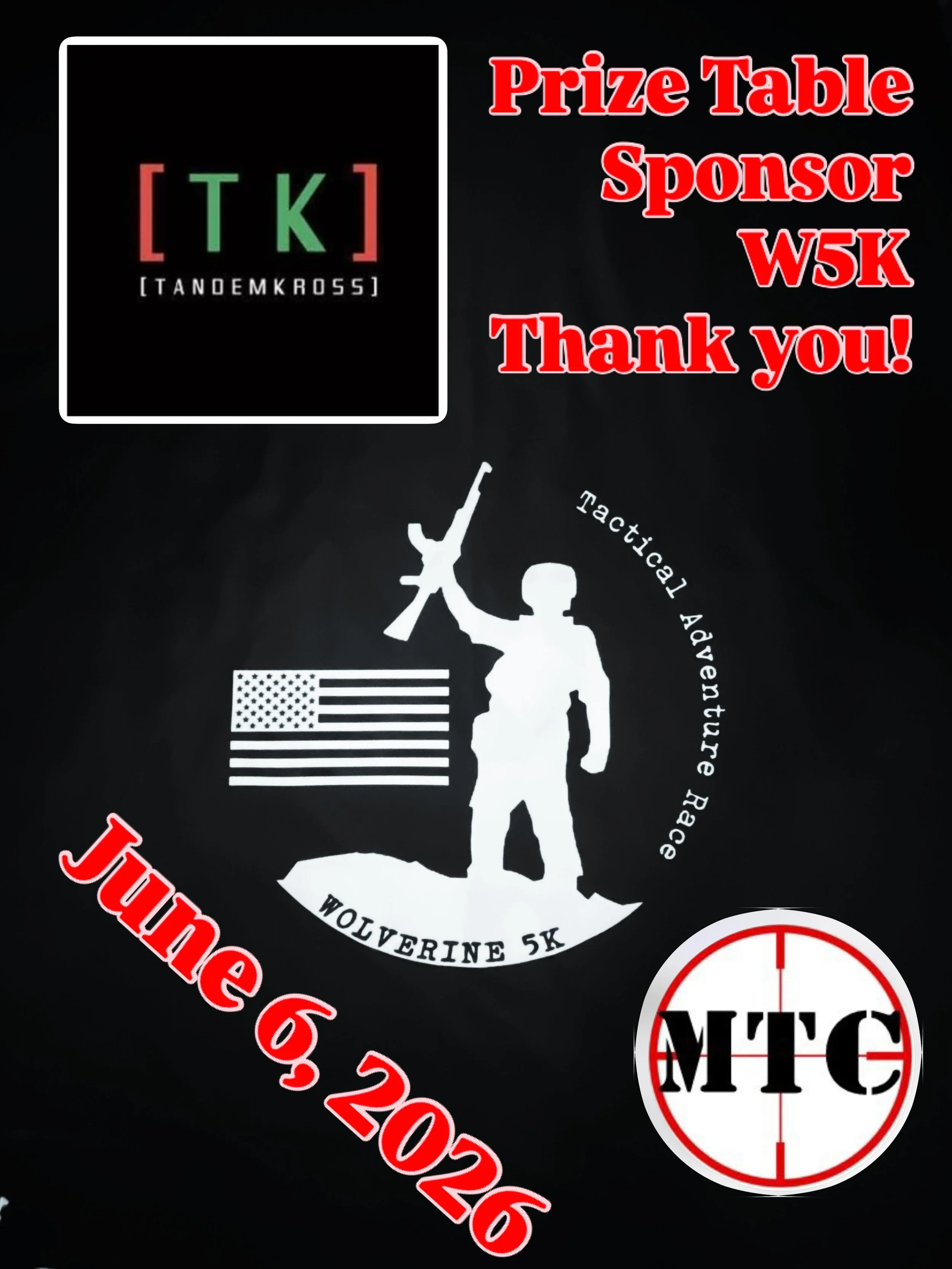 Thank you Tandemkross for generously supporting our Wolverine 5K Tactical Adventure Race! June 6, 2026 at Marksmanship Training Center, Lake City, MI. @marksmanship_training_center @tandemkross