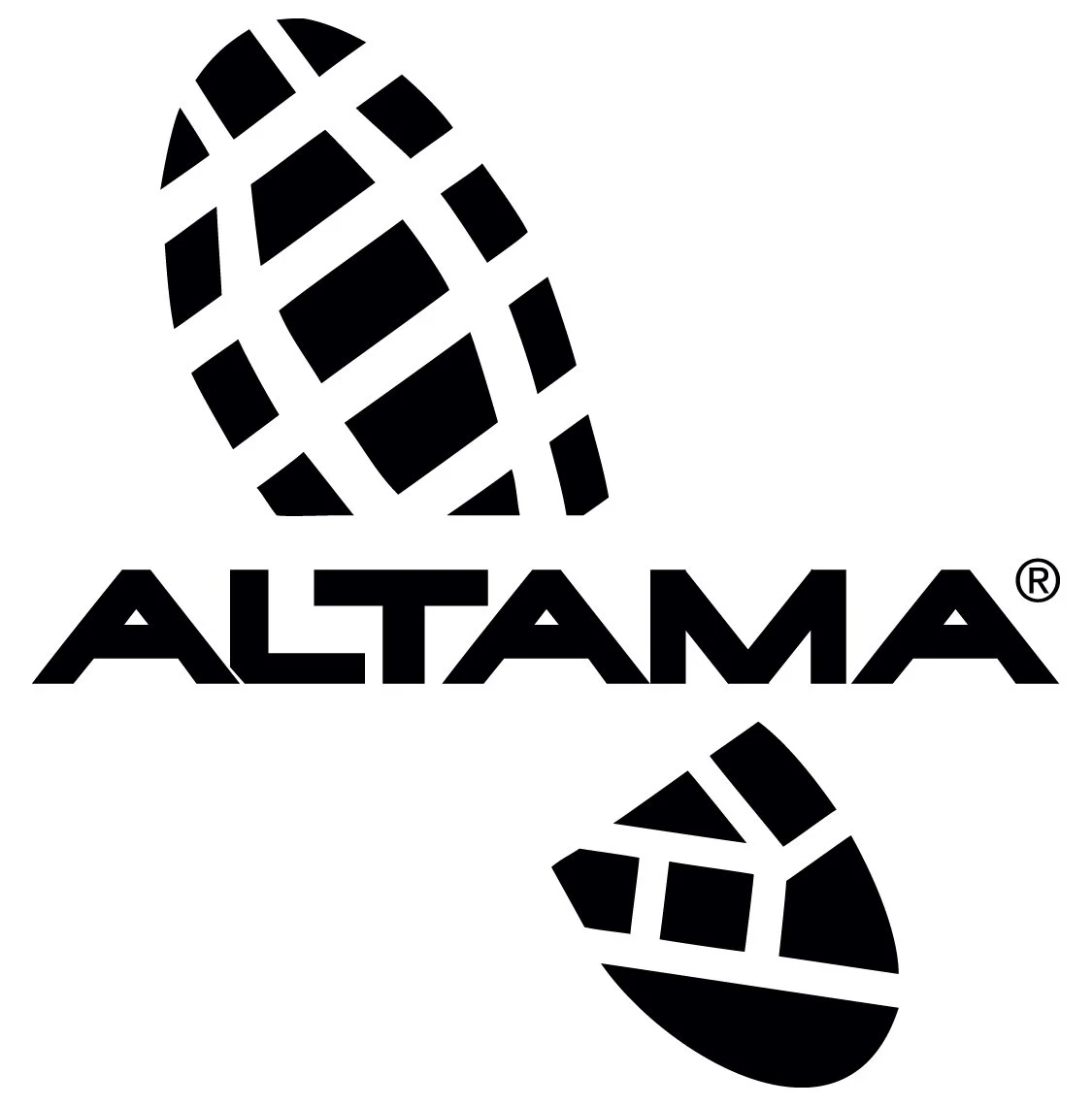 Black and white logo with stylized footprints and the word "ALTAMA".