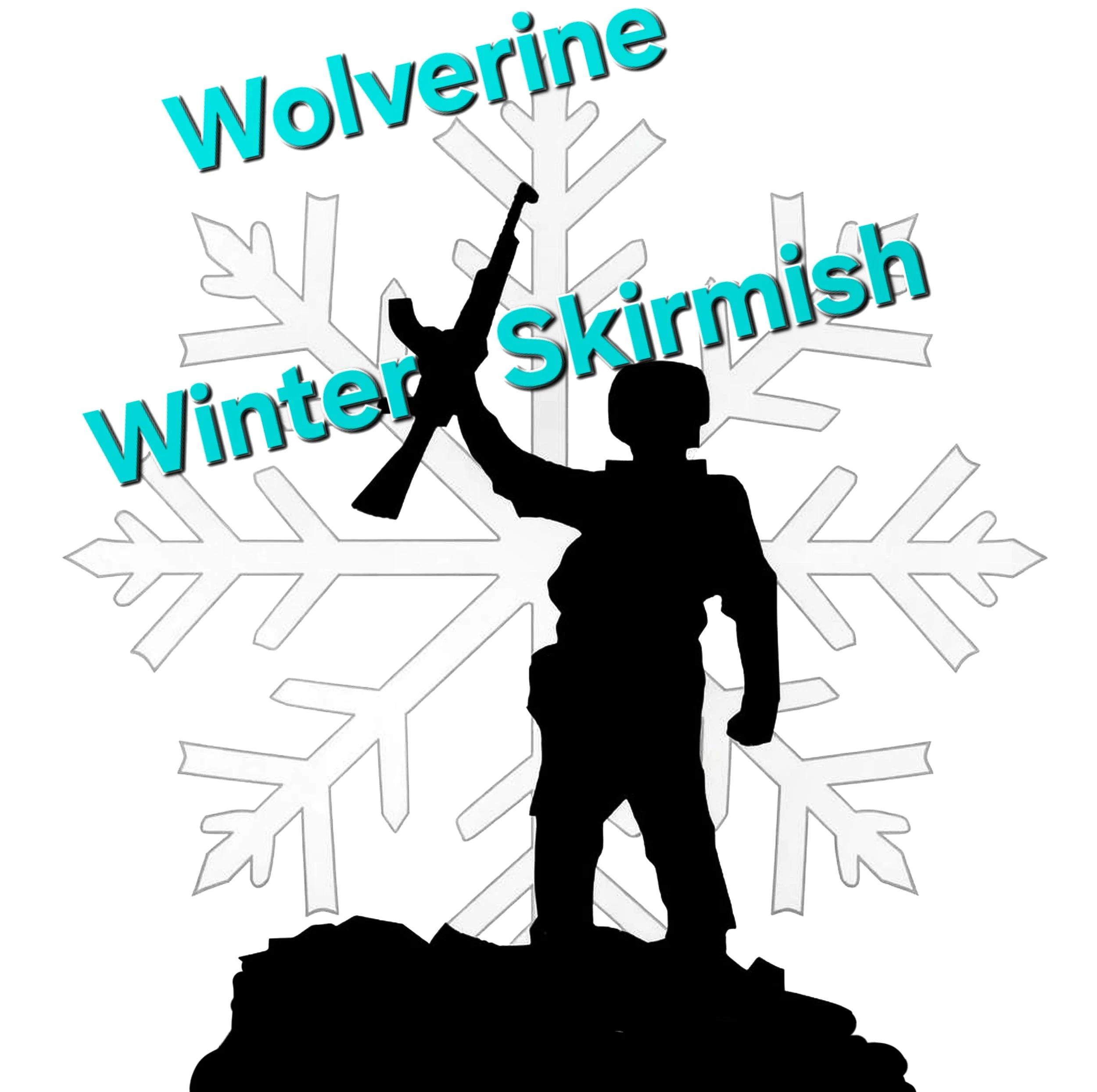 Silhouette of two warriors, one holding a sword in a battle stance, standing on a rocky surface against a large, transparent snowflake with branch-like extensions. The words 'Wolverine,' 'Winter,' and 'Skirmish' are written in bright blue text across the image.