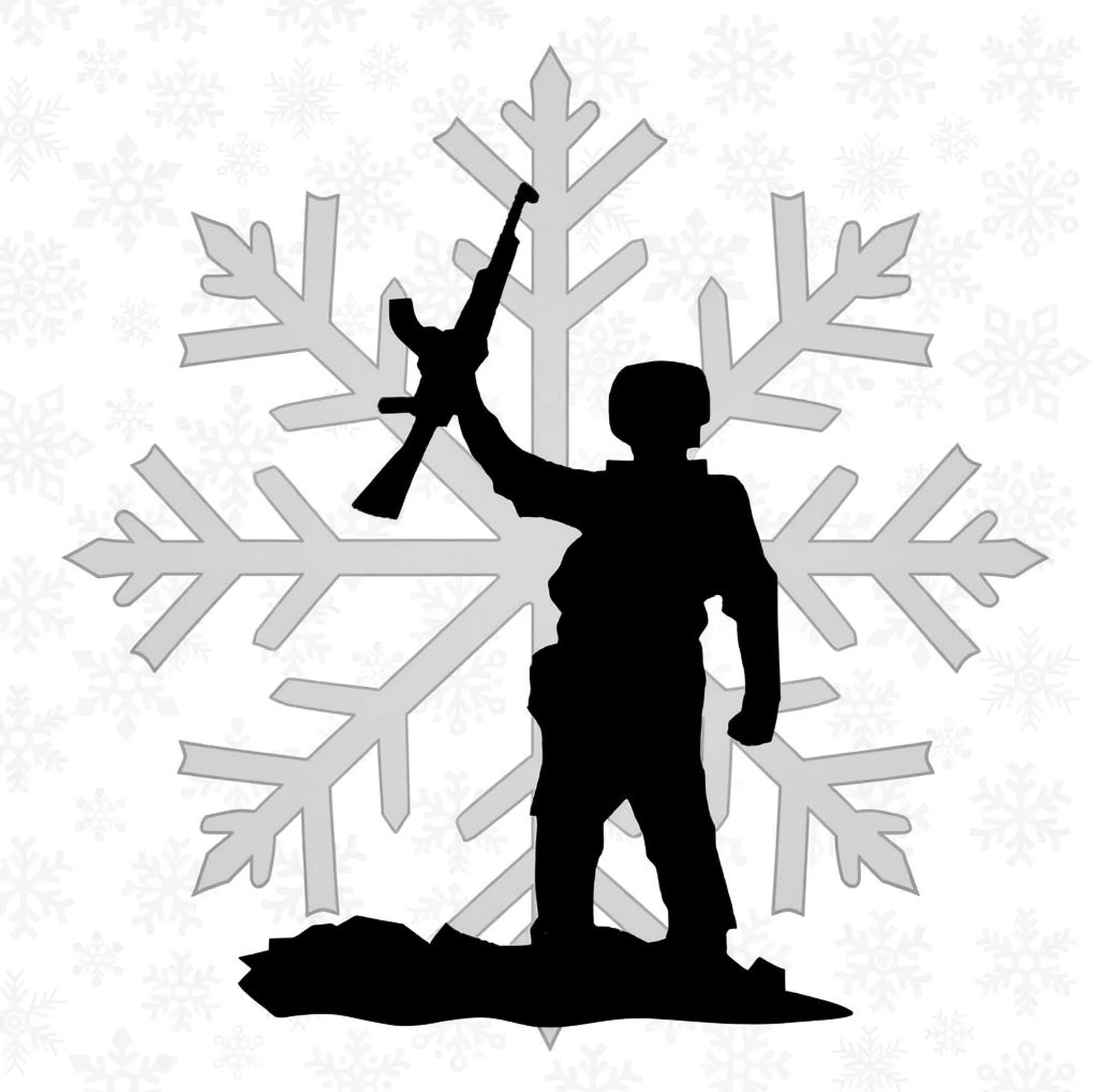 Silhouette of a person standing on a rock with one arm raised, holding an ice axe, in front of a large snowflake graphic with snowflakes in the background.