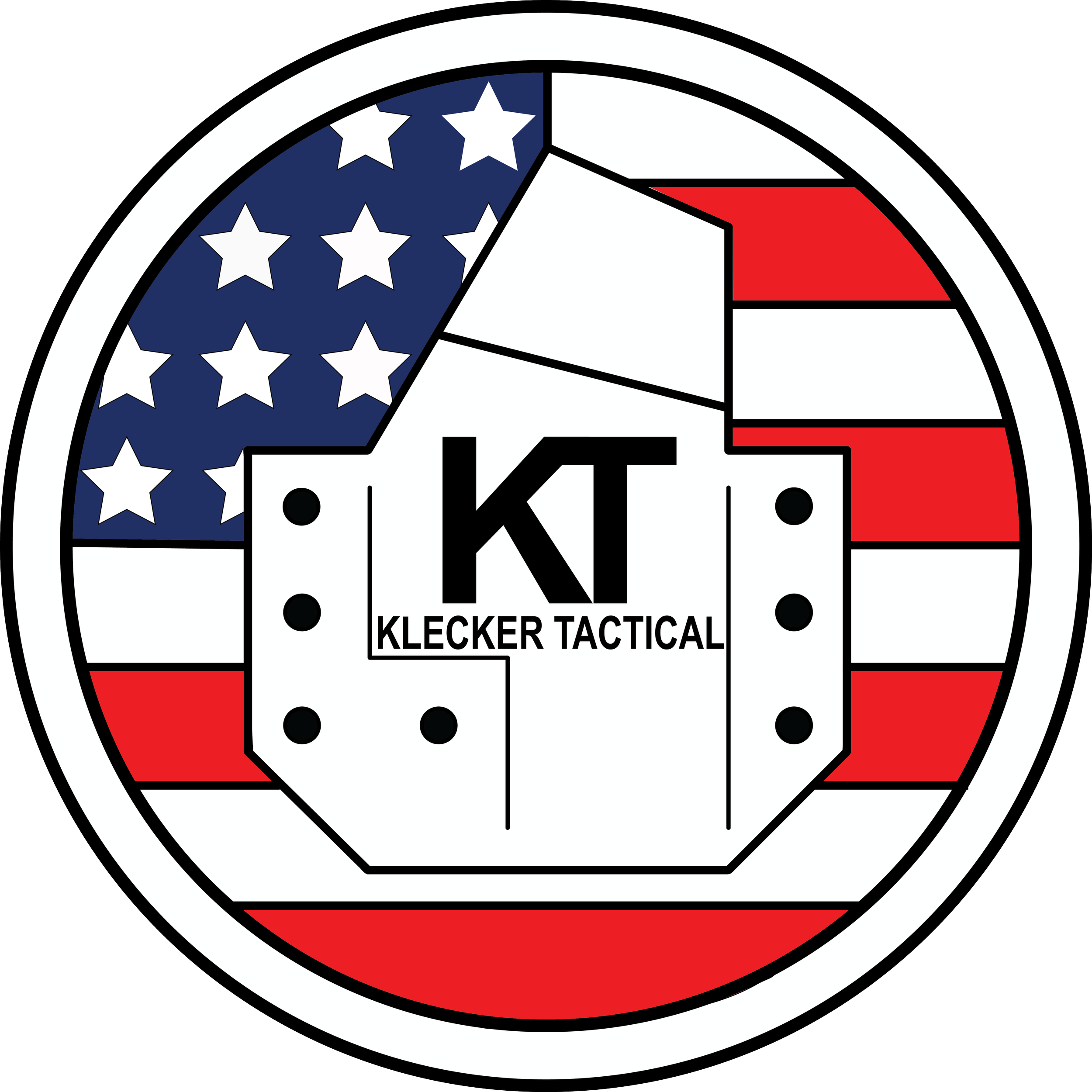 A circular emblem featuring the American flag's stars and stripes with a white tactical helmet in the center. The helmet displays the text 'KT' and 'Klecker Tactical' in black.