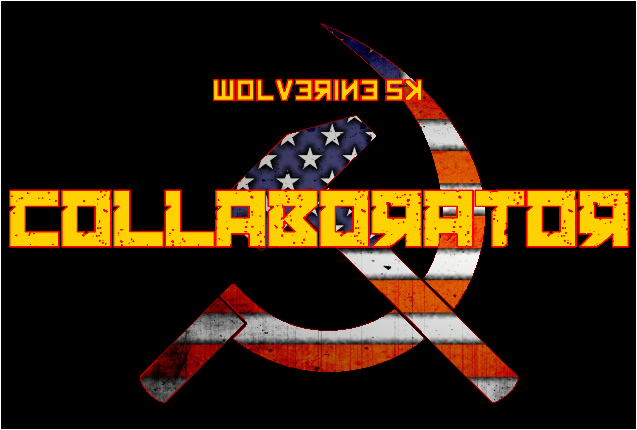 Logo with a hammer and sickle stylized with the American flag pattern, and the words 'COLLABORATION' in distressed yellow text with red outline and 'KS ENTERPRISES' in red text above.