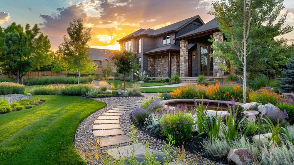 Sunset over a landscaped garden with a curved stone pathway leading to a modern house, surrounded by trees, flowering plants, and rocks.