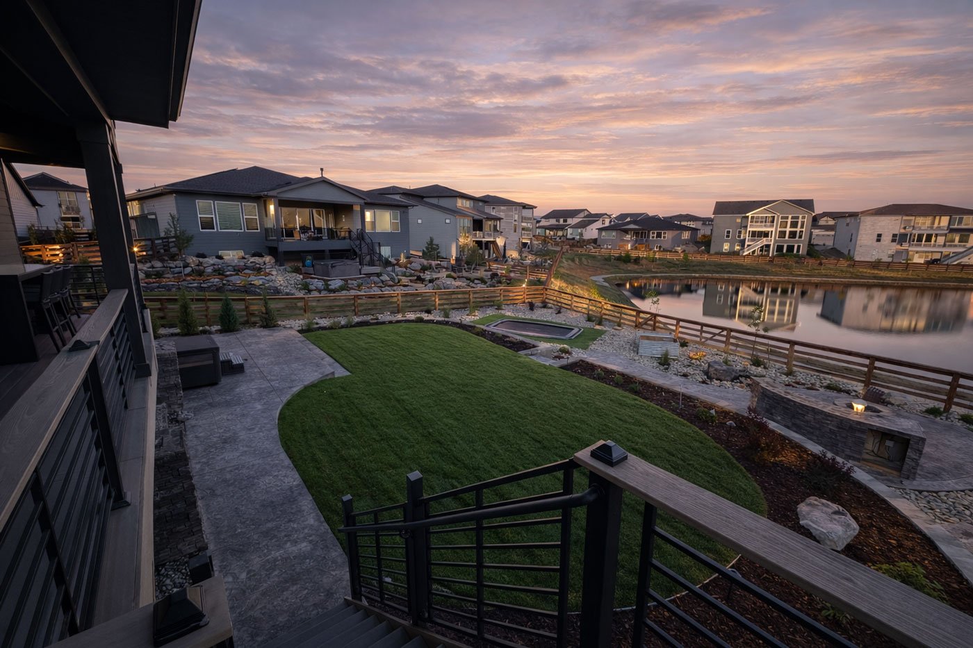 View from a backyard patio overlooking a fenced pond and neighboring houses at sunset. The backyard includes a small hot tub, a stone fireplace, a manicured lawn, and a stone pathway.